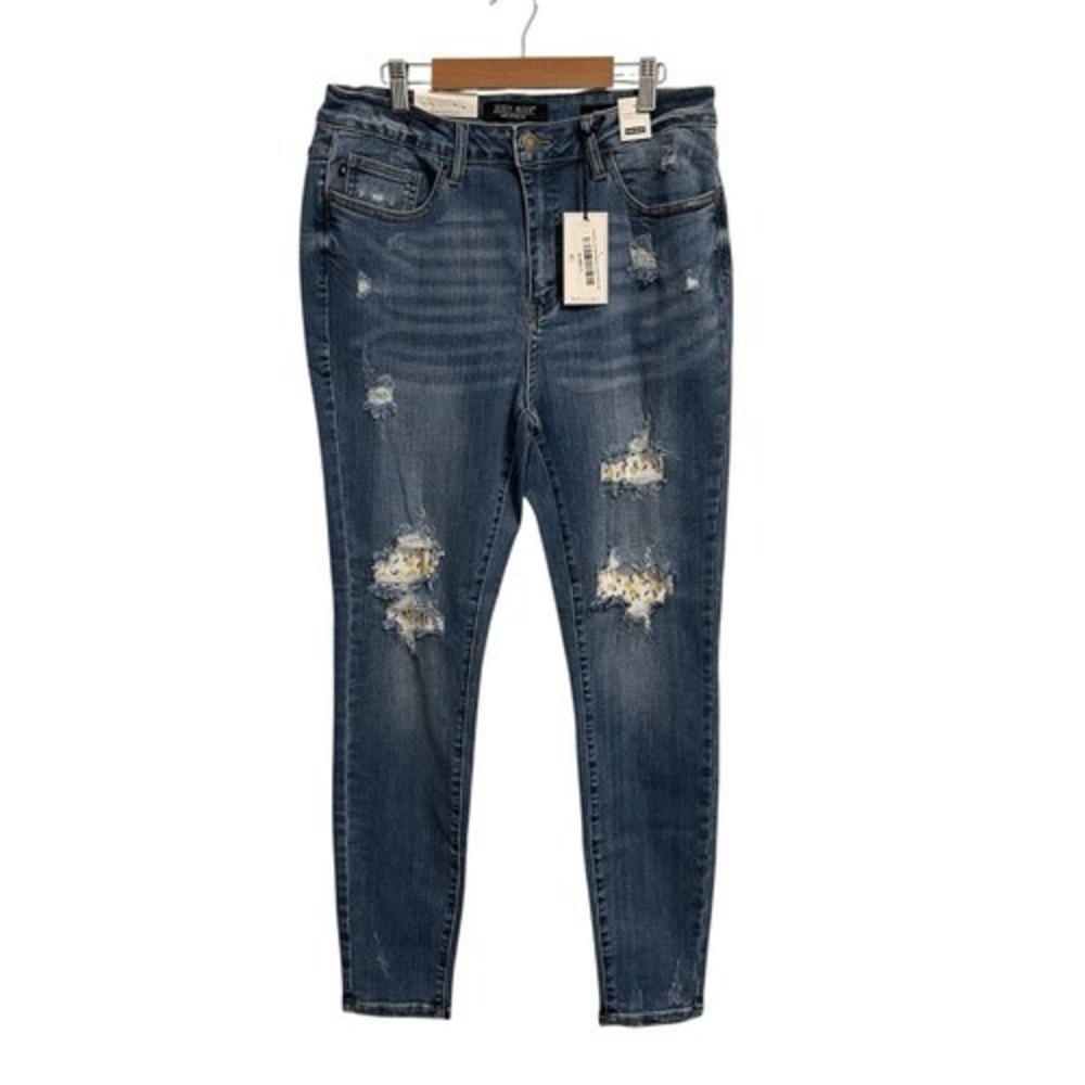 Judy Blue Lemon Print Distressed Skinny Jeans High Waist Medium Wash 11/30
